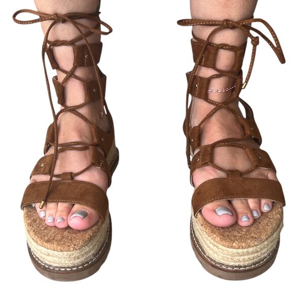 ASOS Design Jive Flatform Espadrilles Women's Size 6.5 Model is 7.5 Brown Suede - Picture 3 of 11